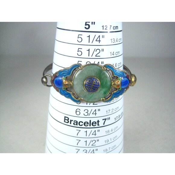 Antique Enamel Cloisonné Jade Bracelet Chinese Export Silver Enamel Bats Symbols - Picture 8 of 14